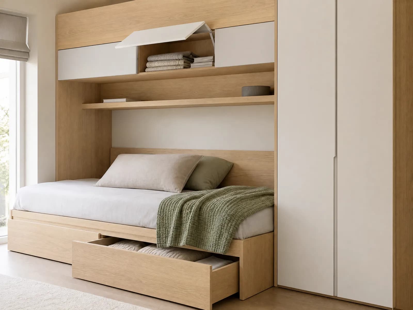 Cameretta a ponte 330 cm con letto singolo, armadio e scrivania - Miniatura 2