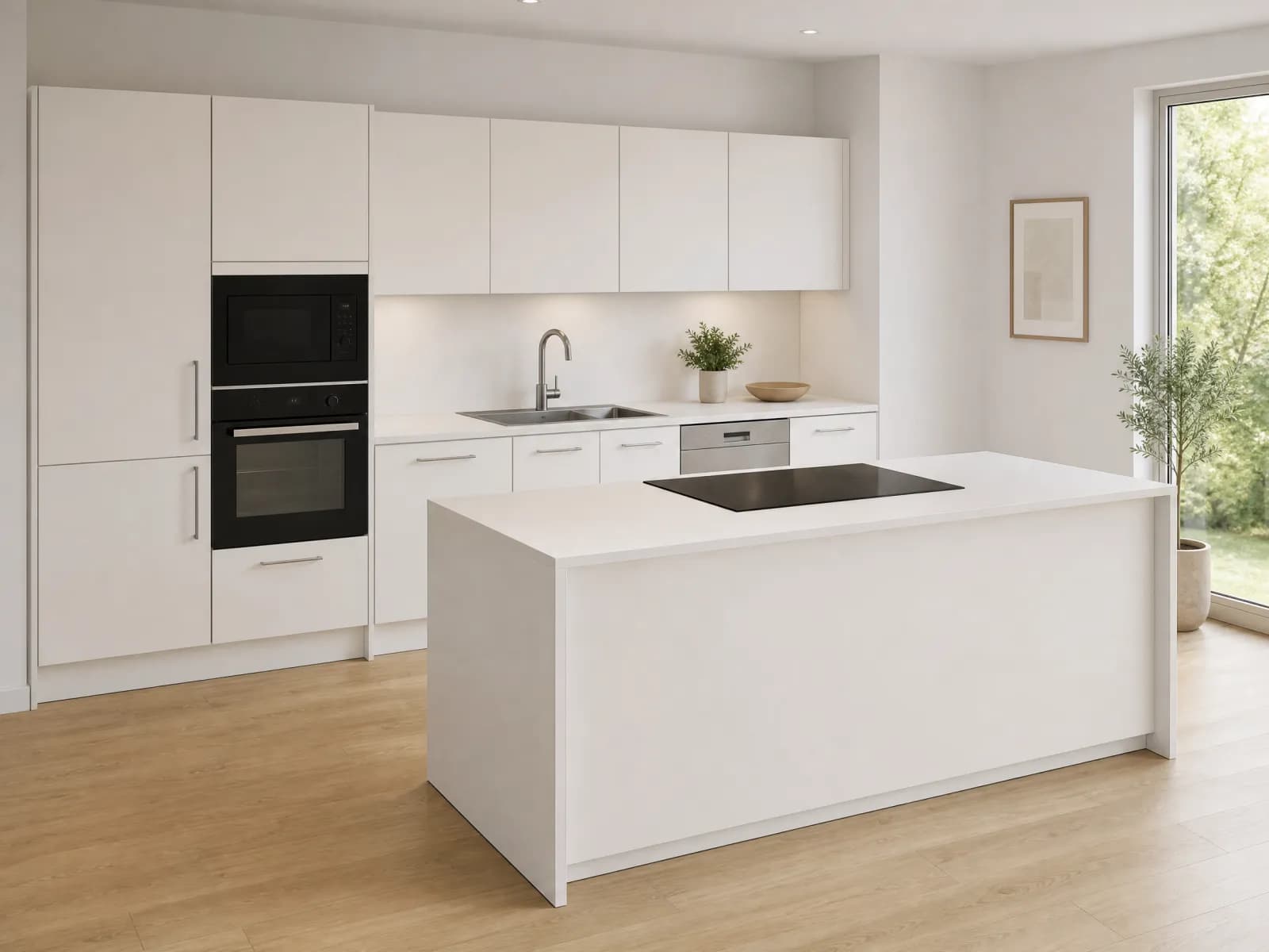 Cucina bianca con isola: parete da 300 cm con colonne e isola 200 x 100 cm con fianchi a cascata