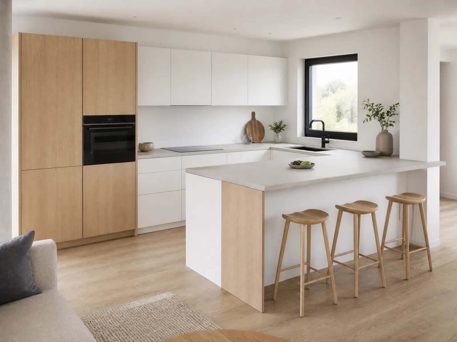 Cucina con penisola 300 cm bianco opaco e rovere - Immagine 1