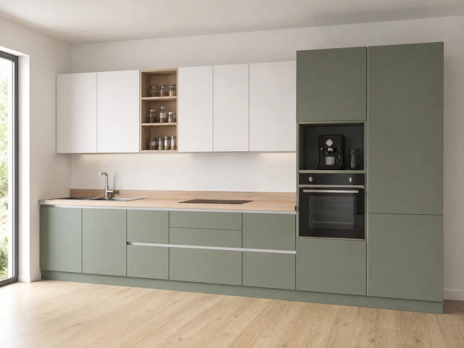 Cucina lineare 4 metri 420 cm verde salvia con pensili bianchi e top effetto rovere chiaro