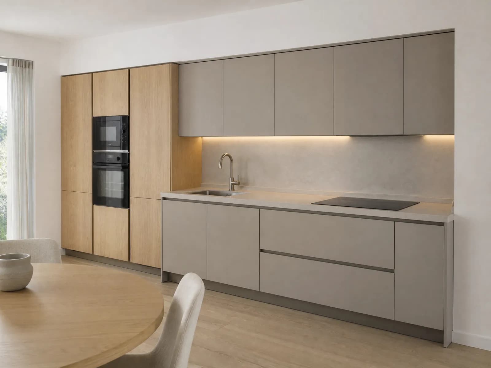 Cucina lineare 5 metri 480 cm grigio argilla con tre colonne in rovere e piano effetto cemento