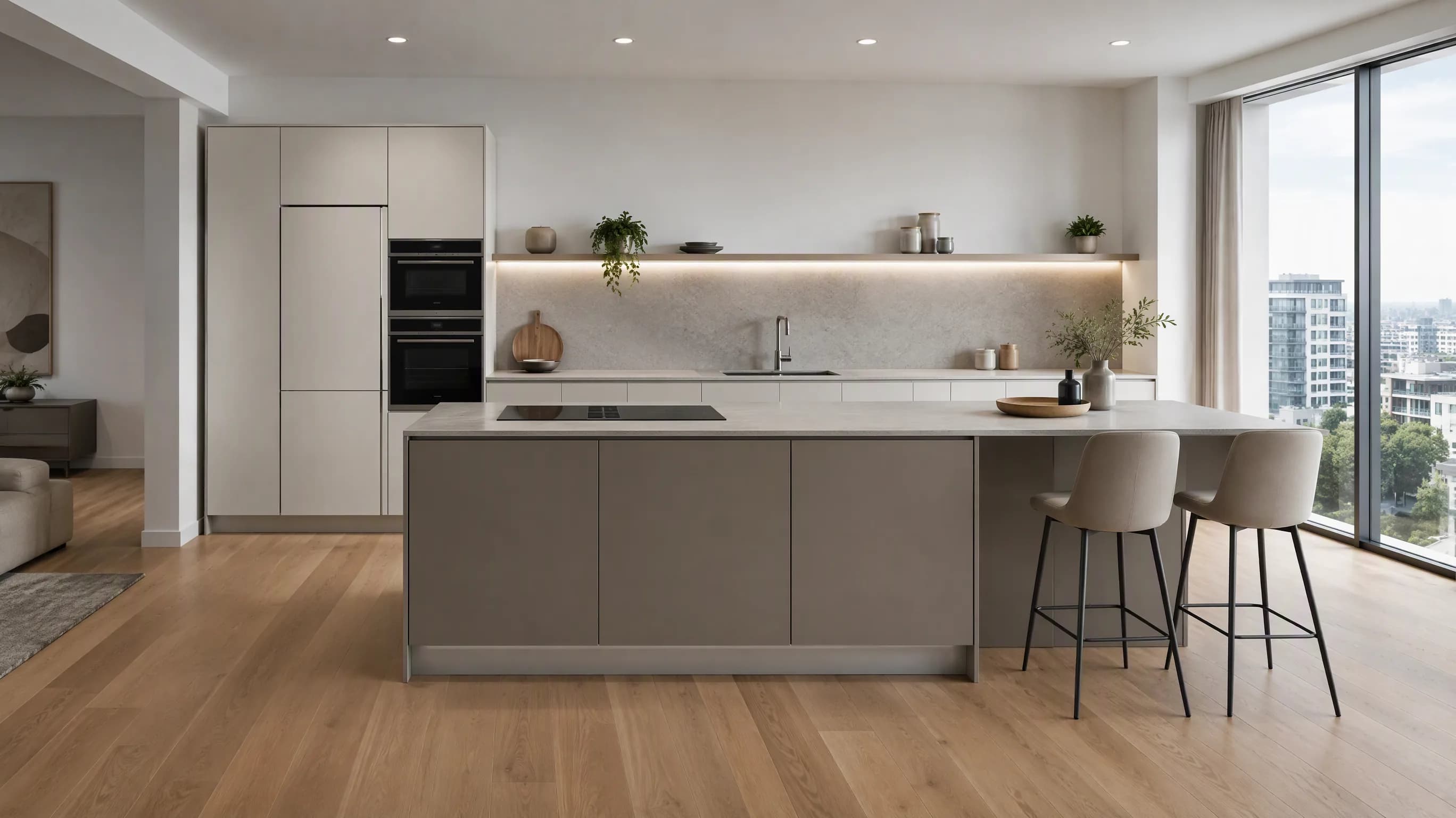 Cucina moderna con isola 370 cm, vista frontale con parete e isola