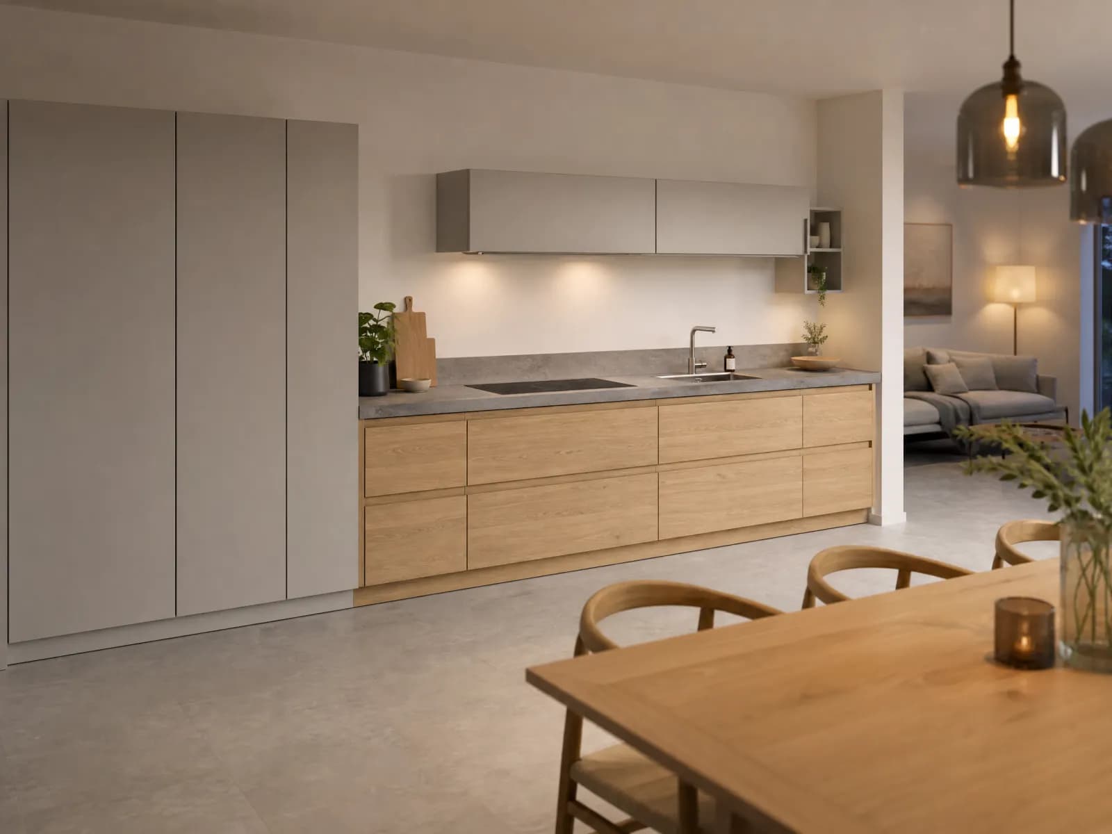 Cucina moderna grigio e rovere lineare 360 cm con colonne - Miniatura 3
