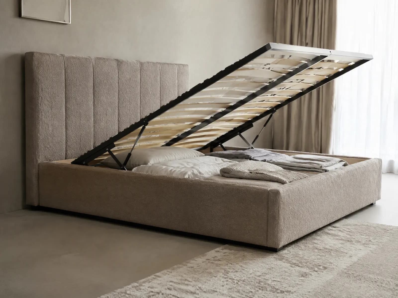Letto contenitore imbottito 160x200 testiera alta tortora - Miniatura 2