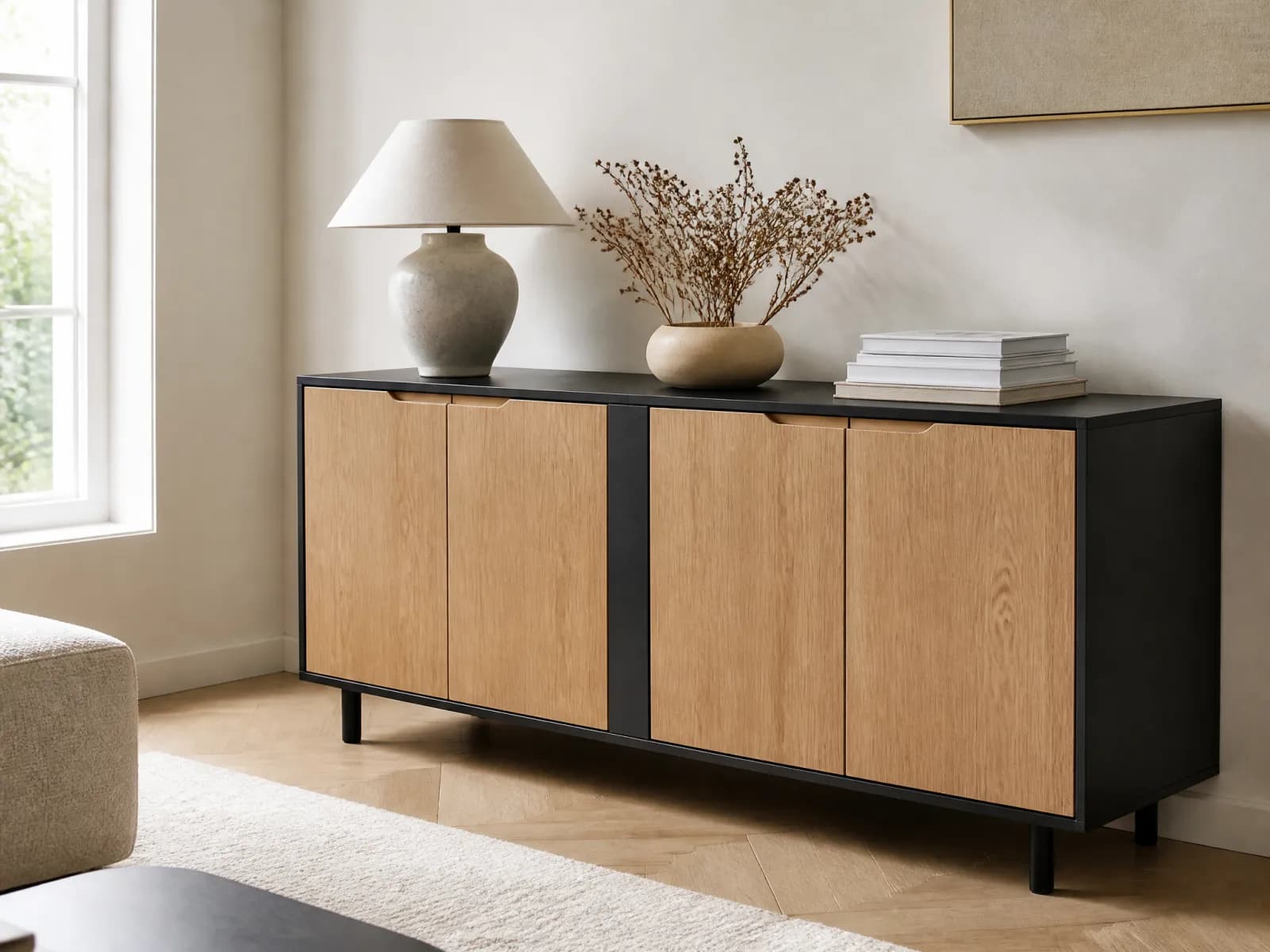 Madia moderna 200 cm 4 ante rovere e nero opaco - Immagine 1