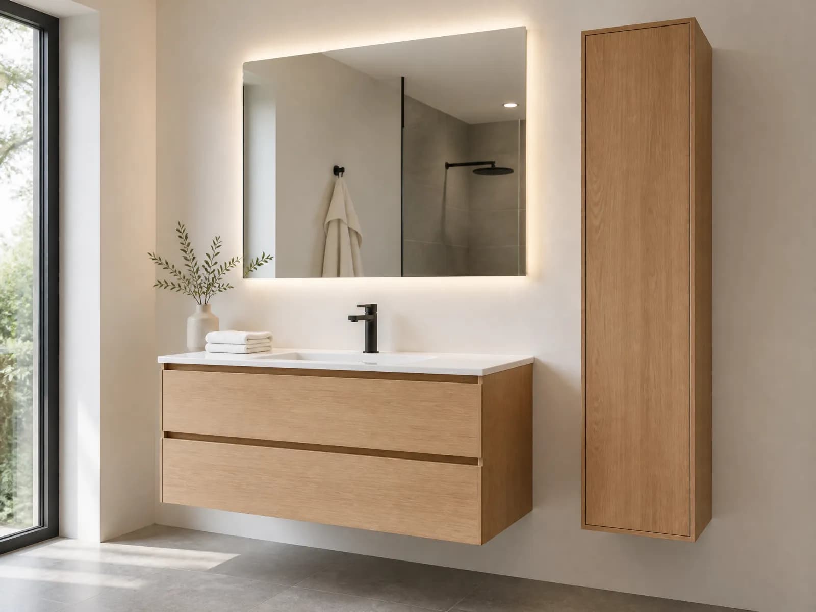 Mobile bagno sospeso moderno 100 cm rovere 2 cassetti e colonna - Immagine 1