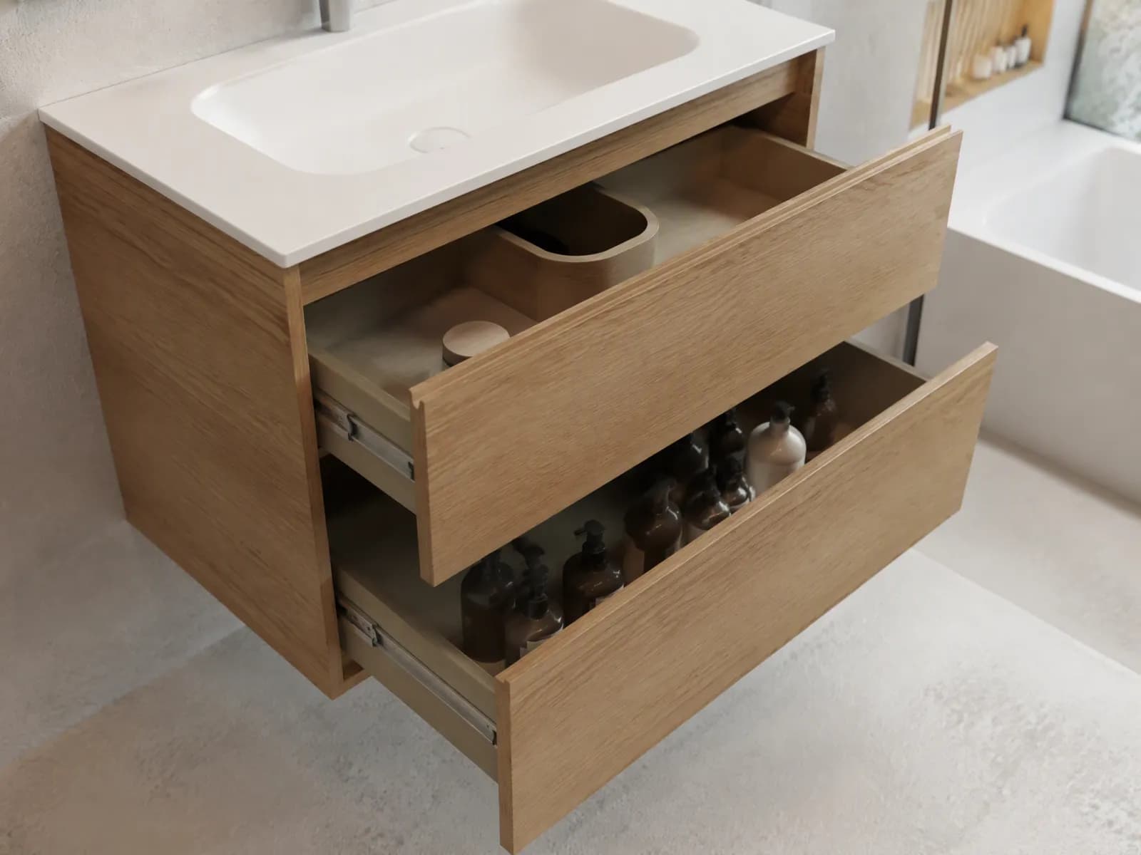 Mobile bagno sospeso moderno 100 cm rovere 2 cassetti e colonna - Miniatura 2