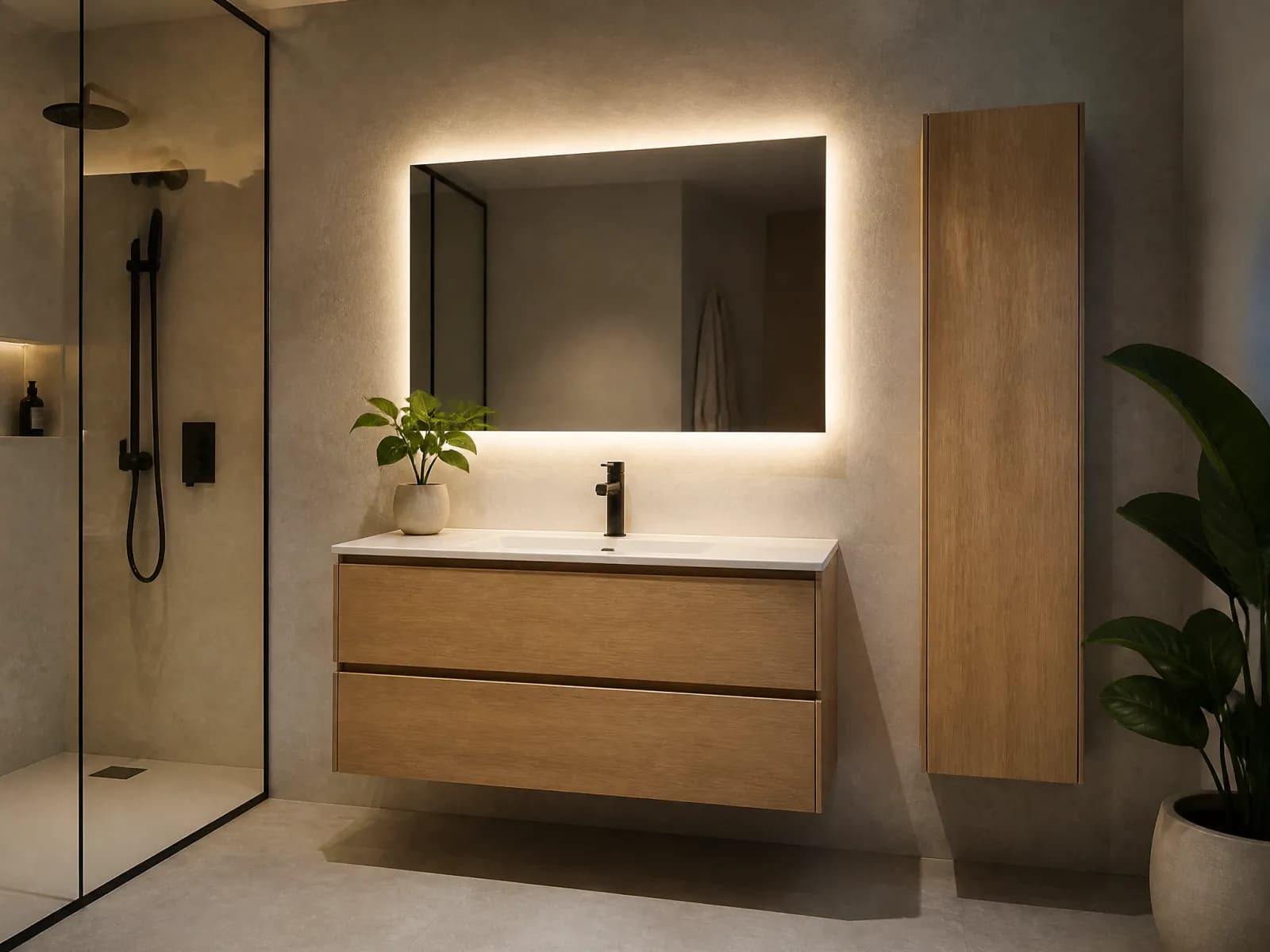 Mobile bagno sospeso moderno 100 cm rovere 2 cassetti e colonna - Miniatura 3