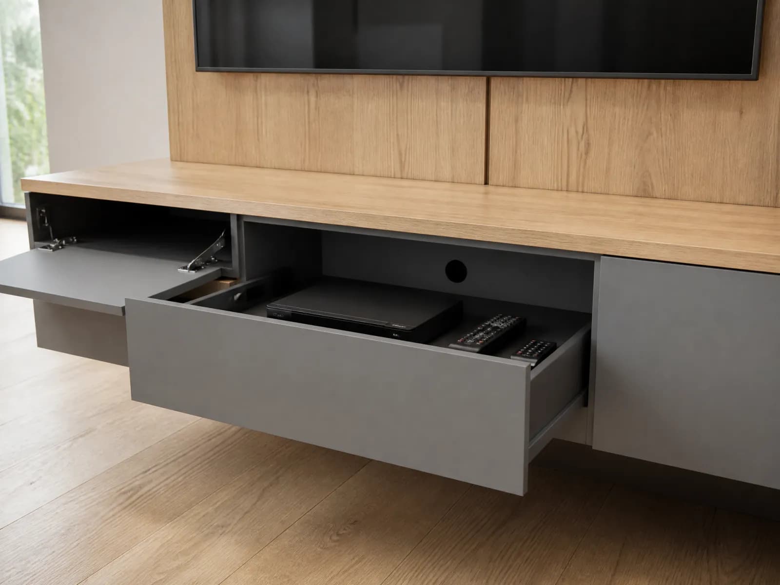Parete attrezzata 3 metri sospesa rovere e grigio con porta TV - Miniatura 2
