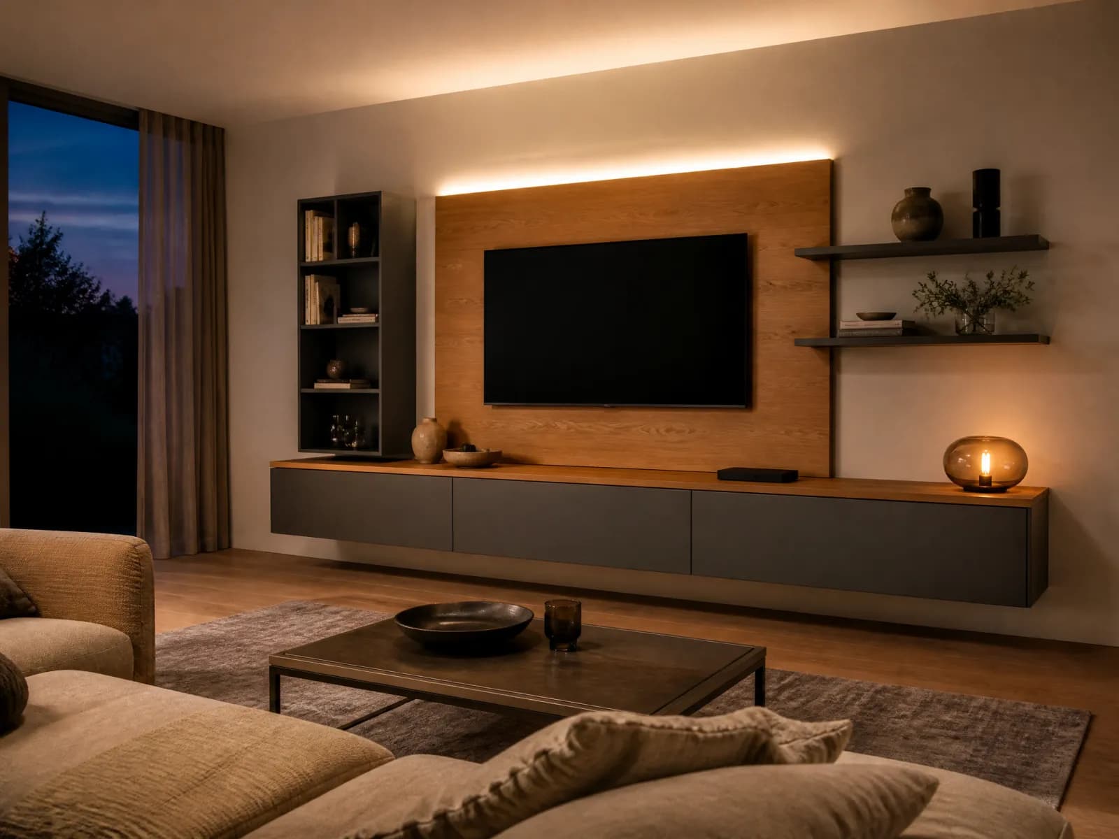 Parete attrezzata 3 metri sospesa rovere e grigio con porta TV - Miniatura 3