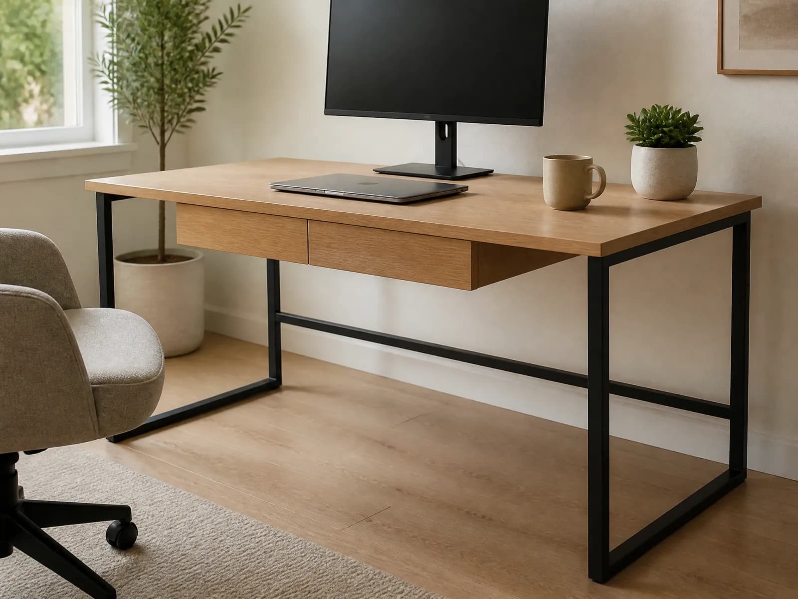Scrivania design 150 cm rovere e acciaio nero con 2 cassetti - Immagine 1