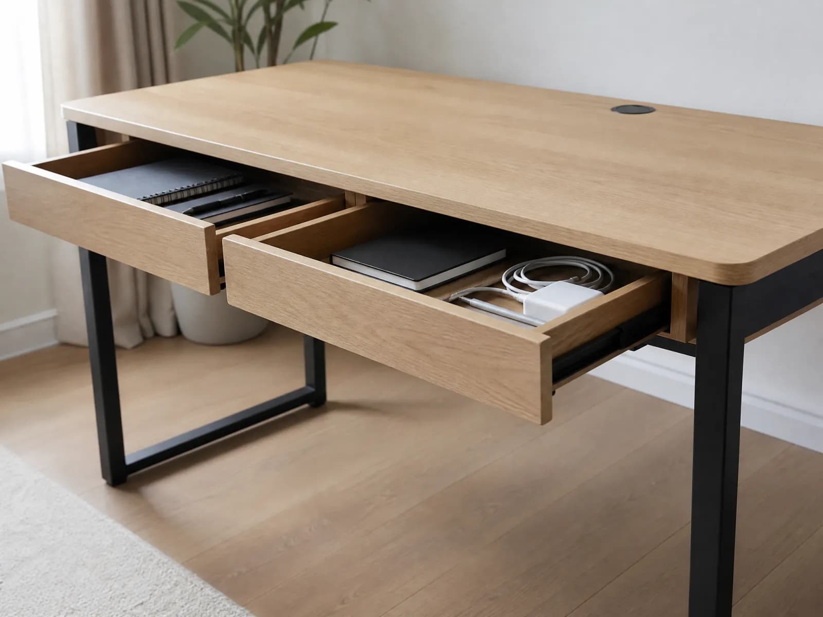 Scrivania design 150 cm rovere e acciaio nero con 2 cassetti - Miniatura 2
