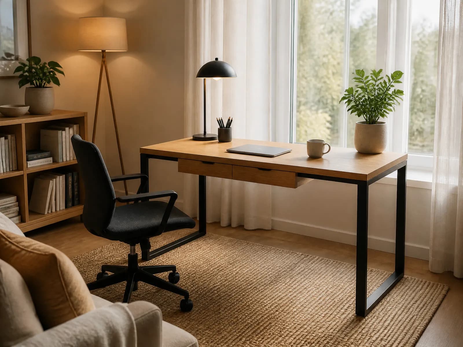 Scrivania design 150 cm rovere e acciaio nero con 2 cassetti - Miniatura 3