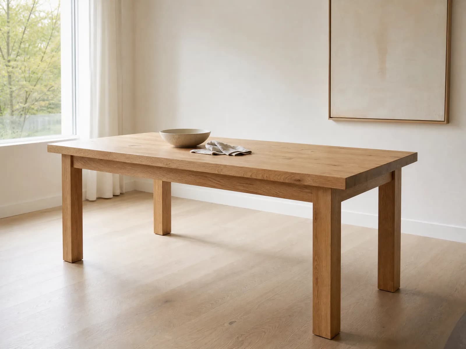 Tavolo in legno massello di rovere 200 × 95 cm con gambe squadrate in rovere in una sala luminosa