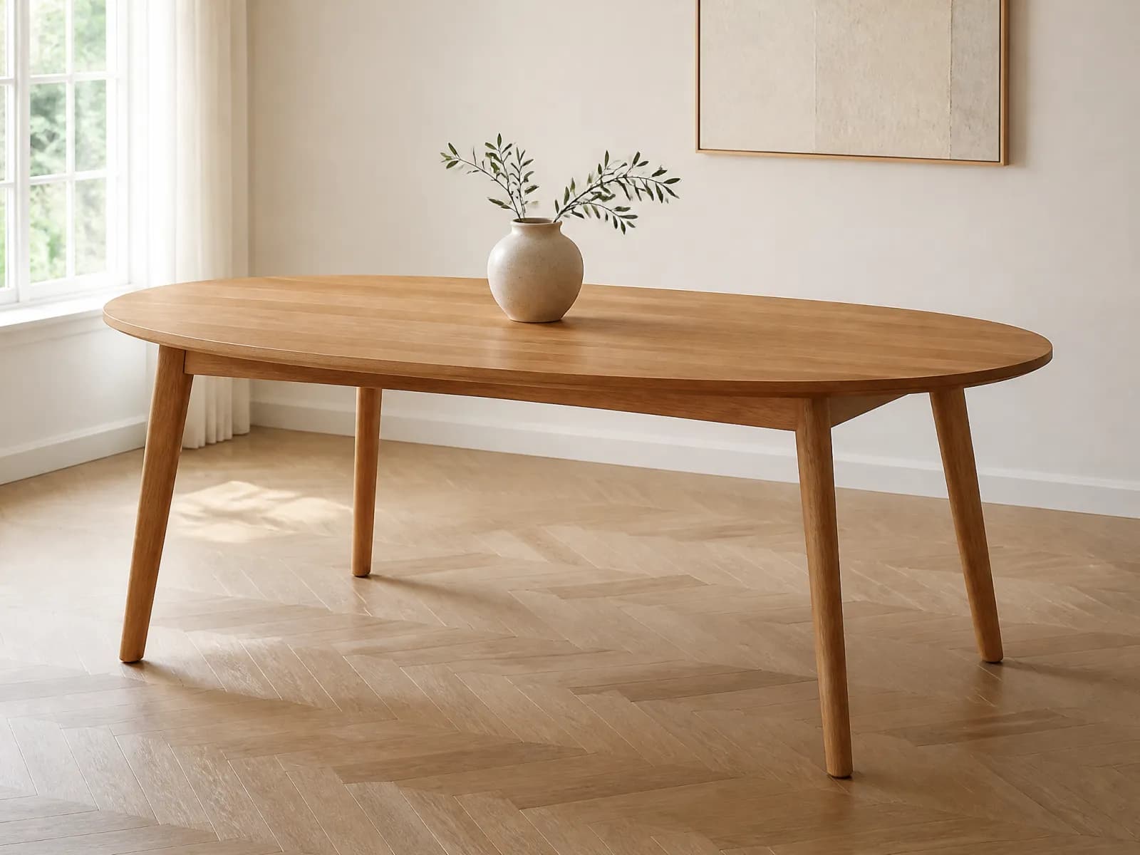 Tavolo ovale allungabile in rovere massello naturale chiuso a 180 cm in una sala da pranzo luminosa