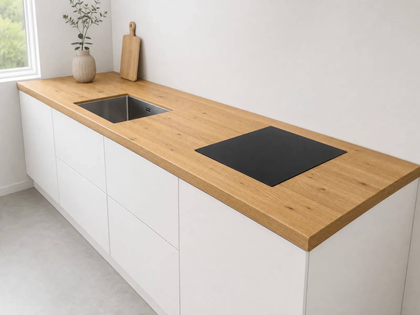 Top cucina in rovere massello 300 x 62 x 4 cm a lamelle continue, finitura a olio, su basi bianche
