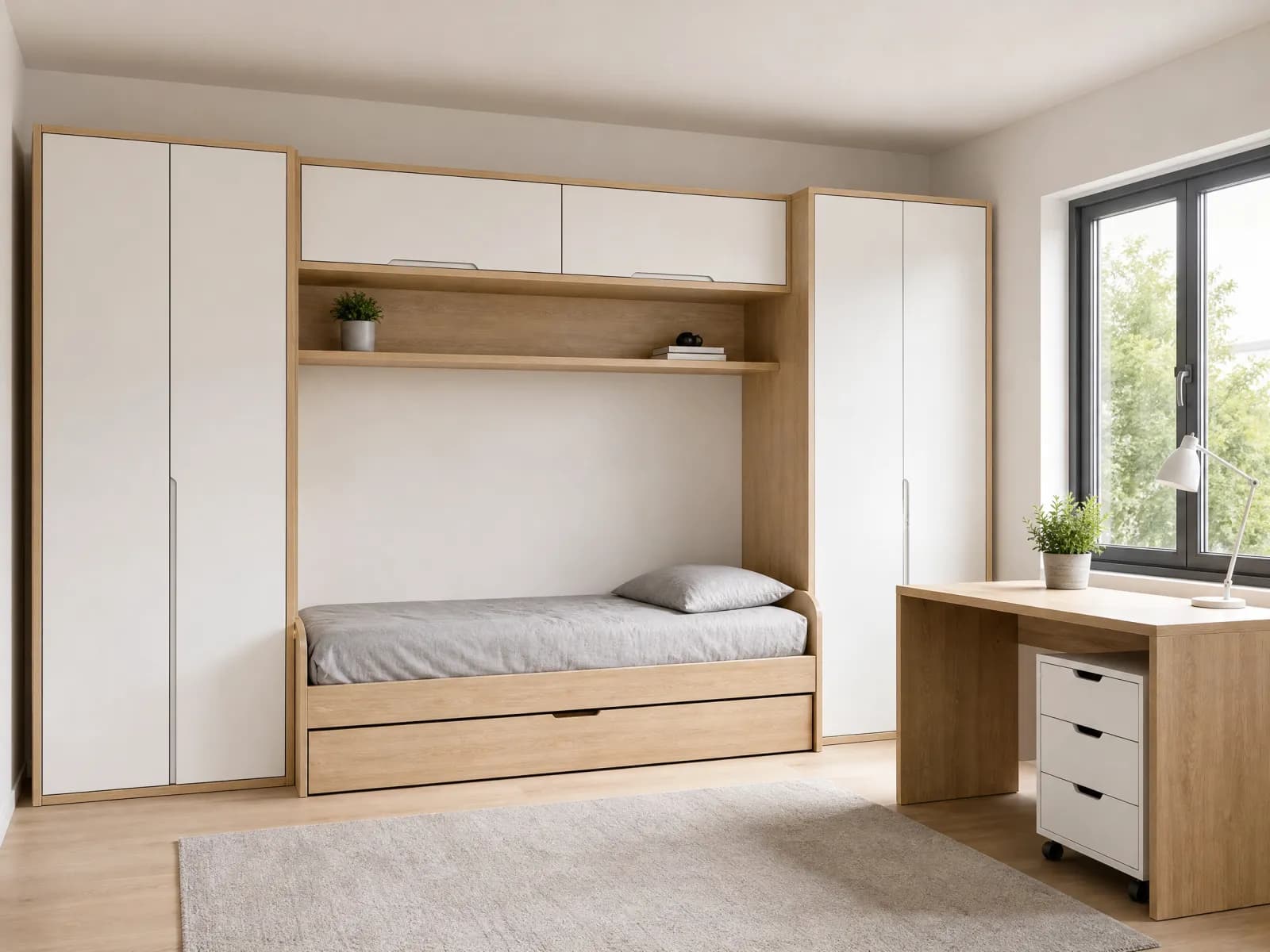 Cameretta a ponte 330 cm con letto singolo, armadio e scrivania - Immagine 1