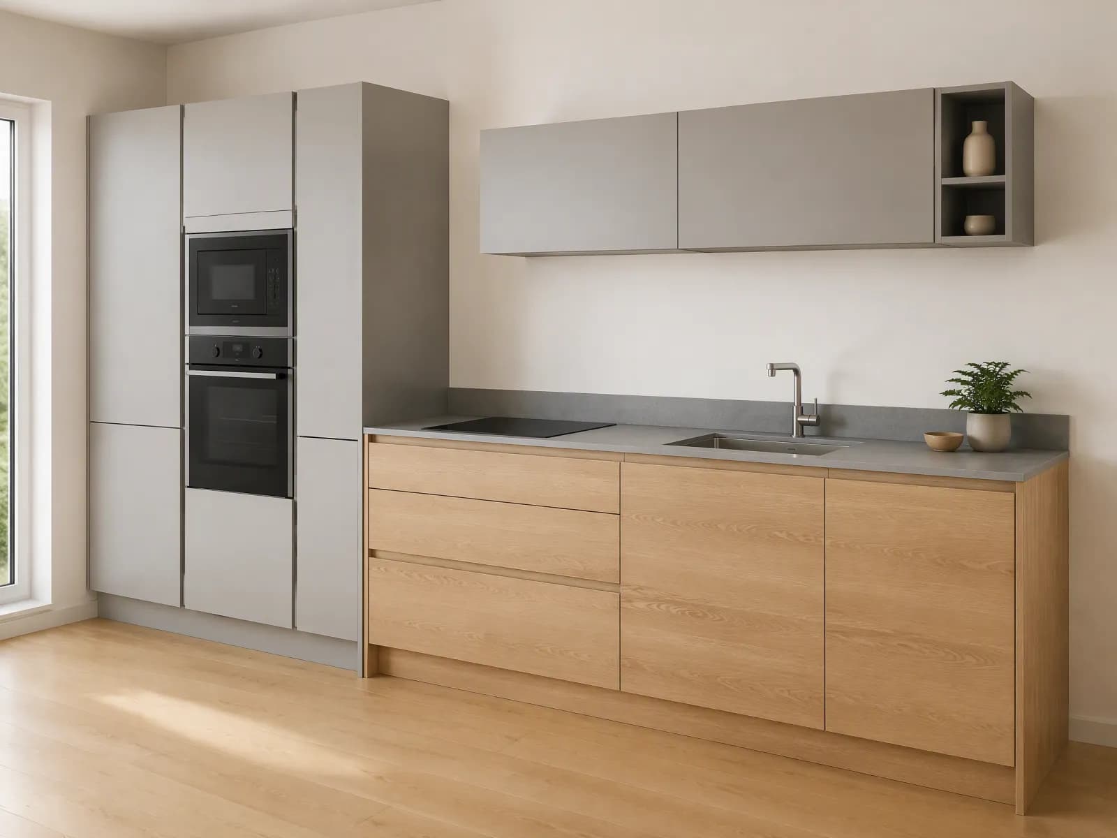 Cucina moderna grigio e rovere lineare 360 cm con colonne - Immagine 1