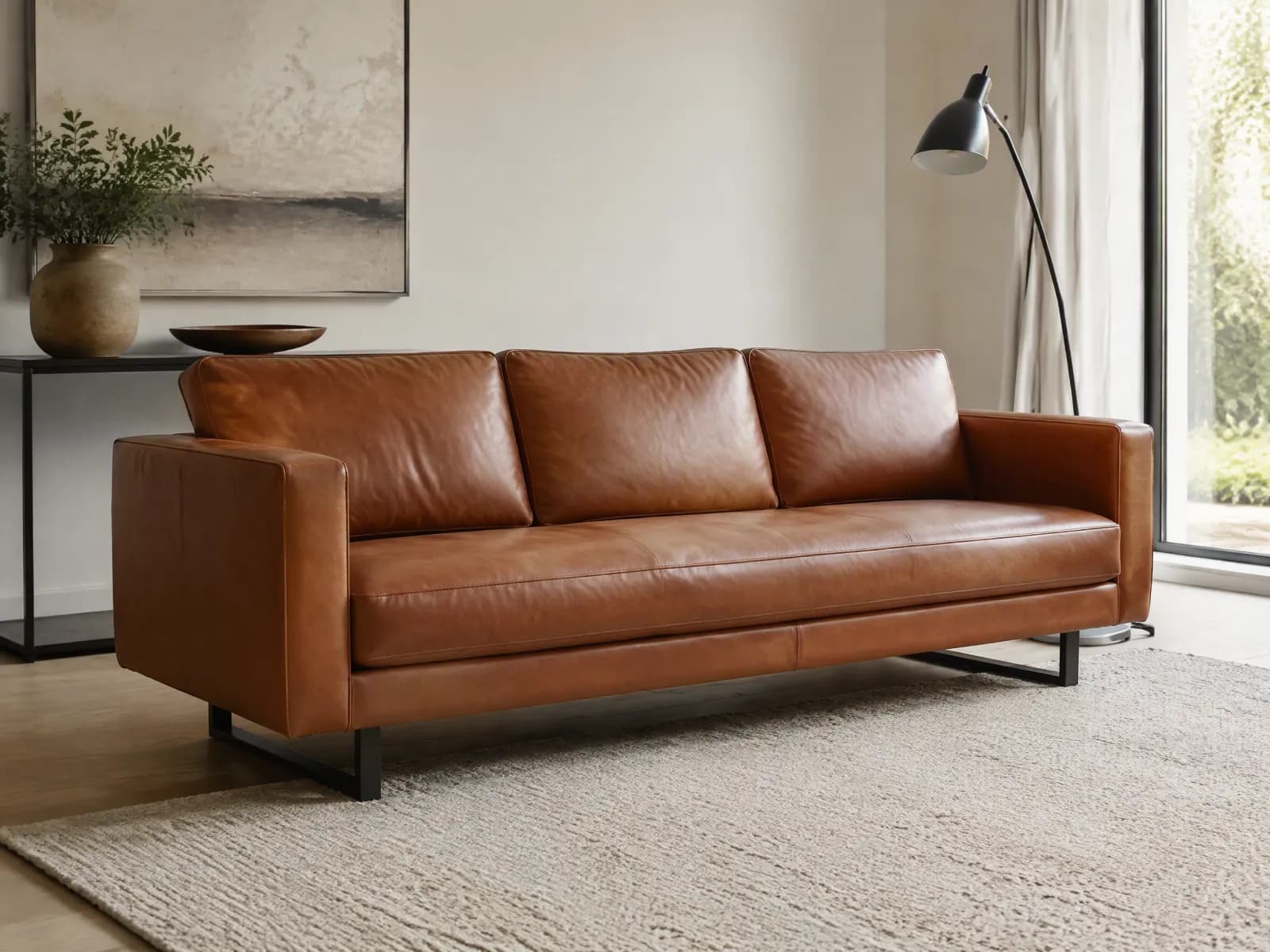 Divano in pelle moderno 3 posti da 224 cm color cognac con base a slitta in acciaio bronzo