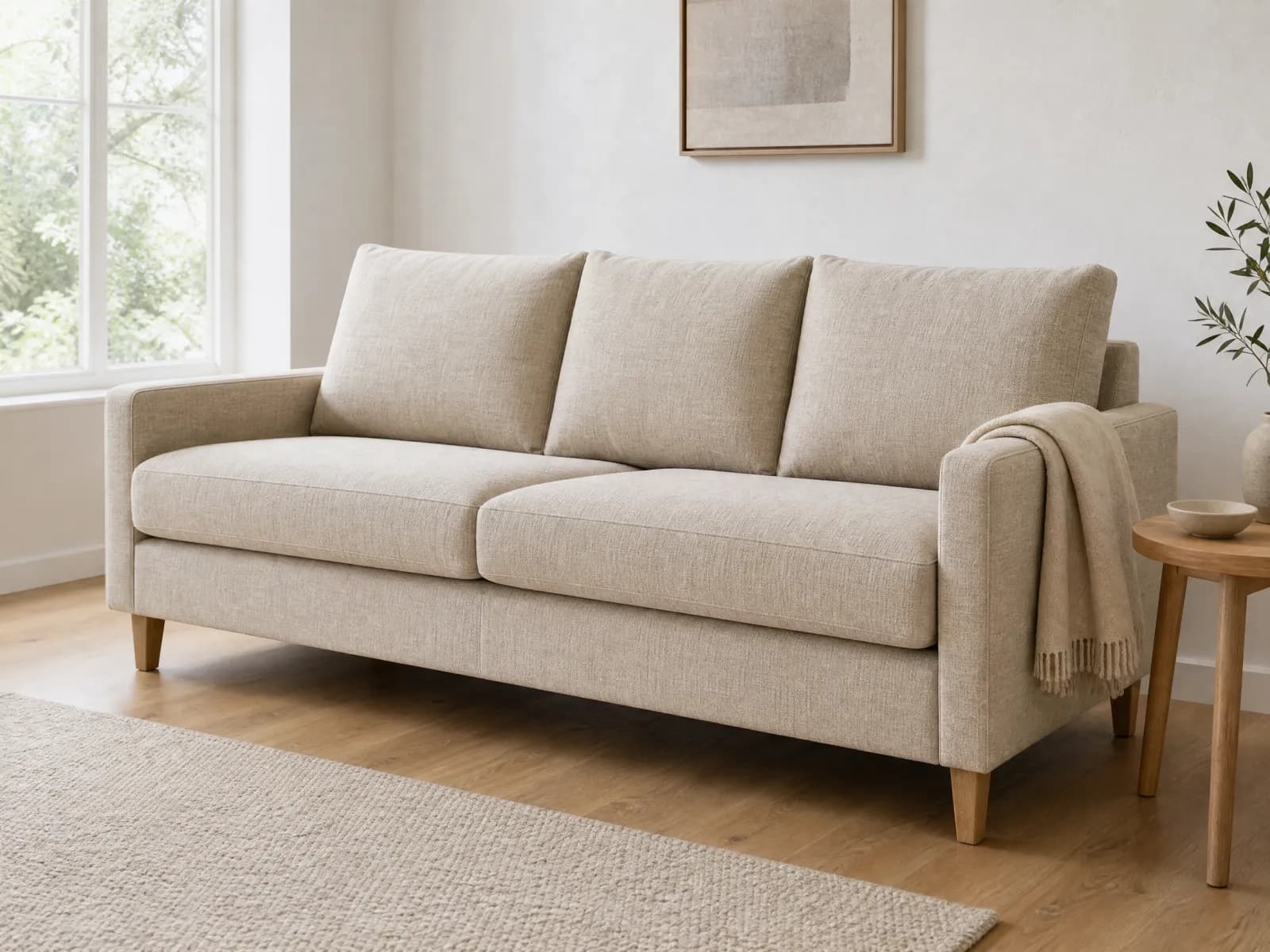 Divano letto moderno 3 posti da 206 cm in tessuto effetto lino sabbia con piedini in legno
