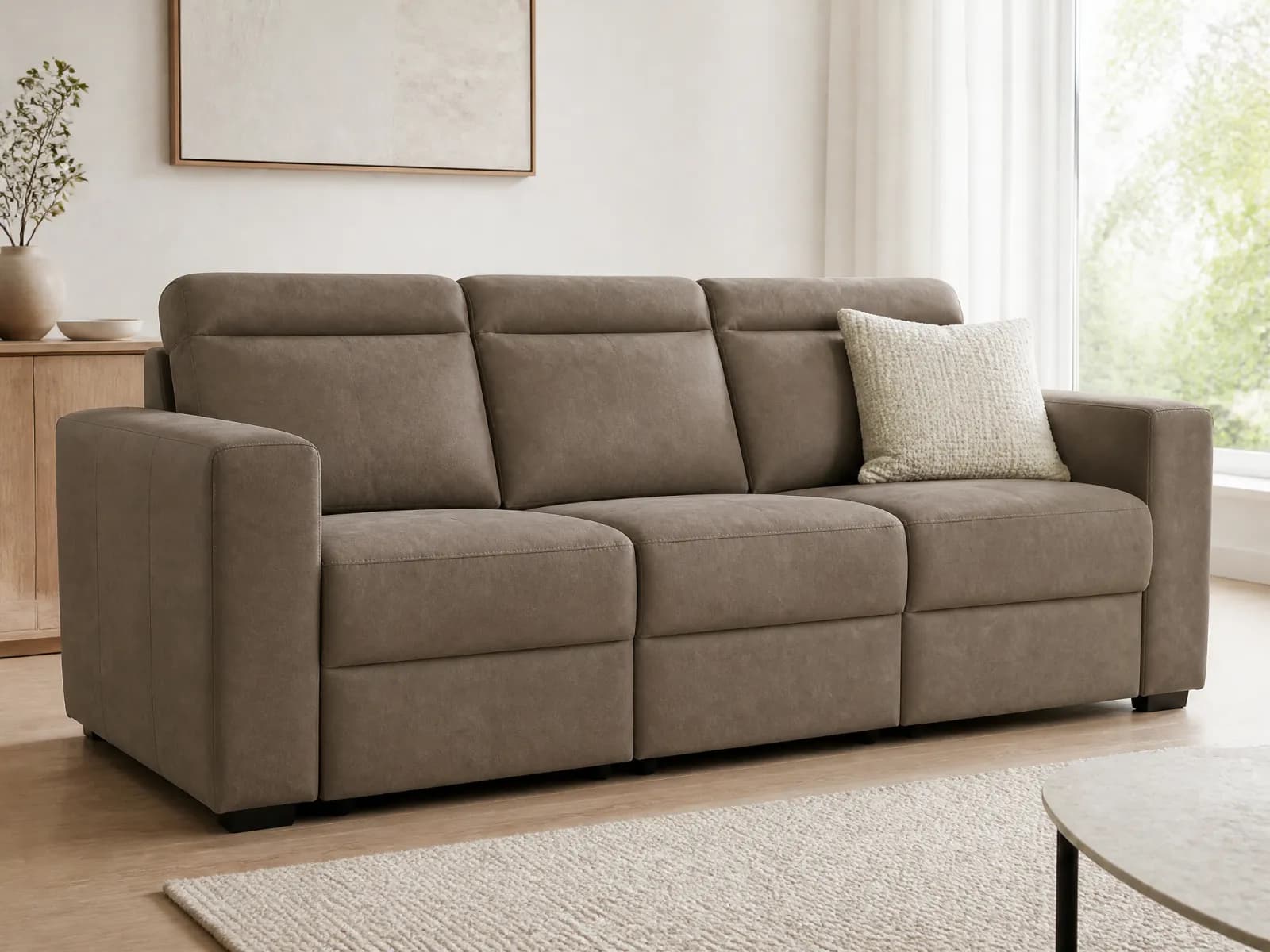 Divano relax 3 posti da 212 cm in microfibra tortora con due recliner elettrici, chiuso