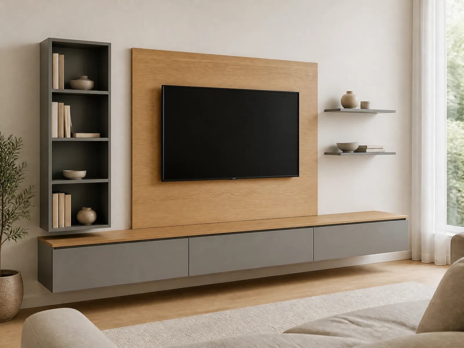 Parete attrezzata 3 metri sospesa rovere e grigio con porta TV - Immagine 1