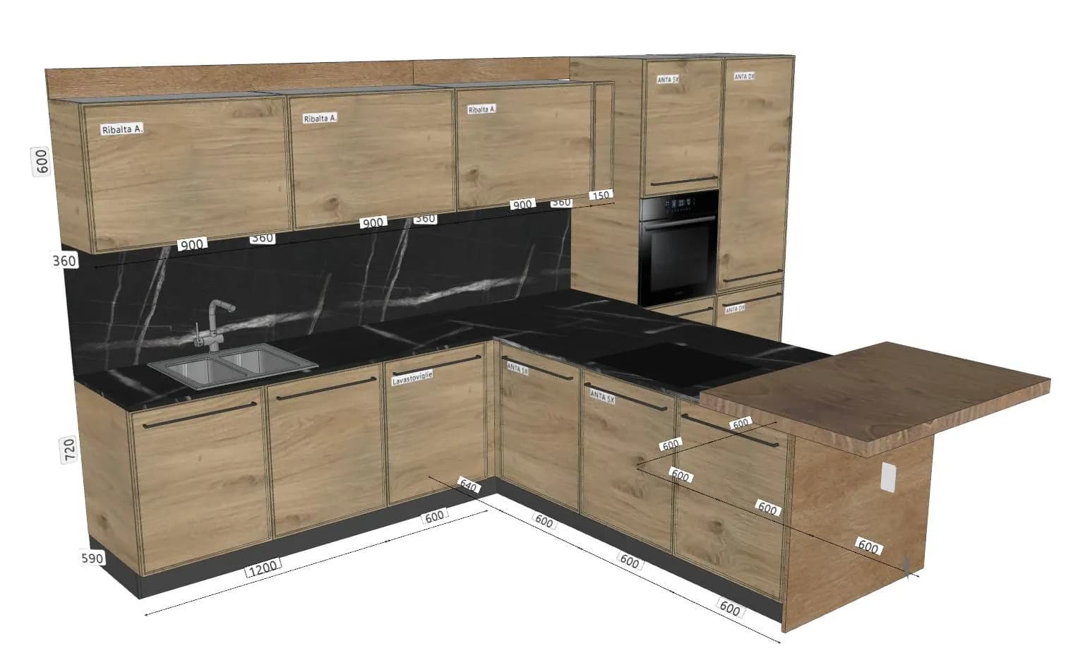 Cucina con penisola in legno rovere chiaro Q01 - Immagine 1