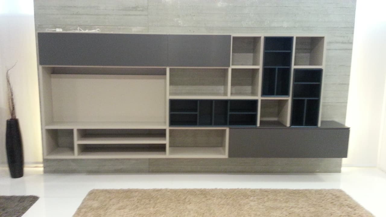 Parete soggiorno laccato piombo, grigio e petrolio - Immagine 1