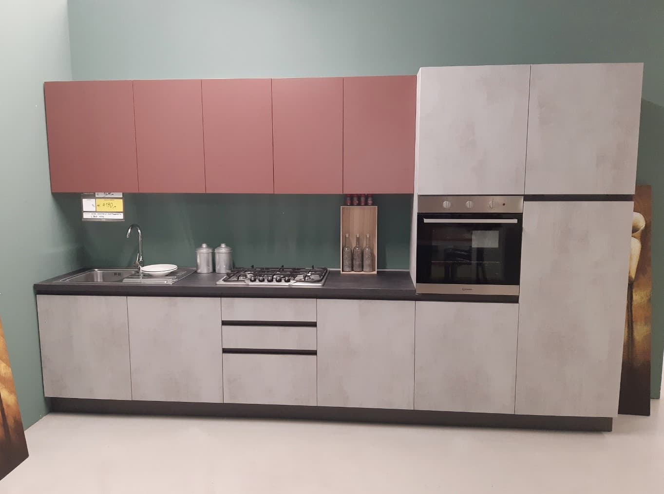 Cucina lineare 360 basi cemento pensili mattone