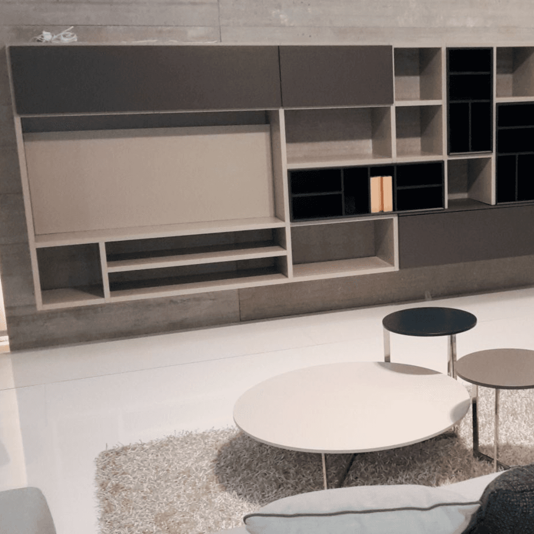 Parete soggiorno laccato piombo, grigio e petrolio