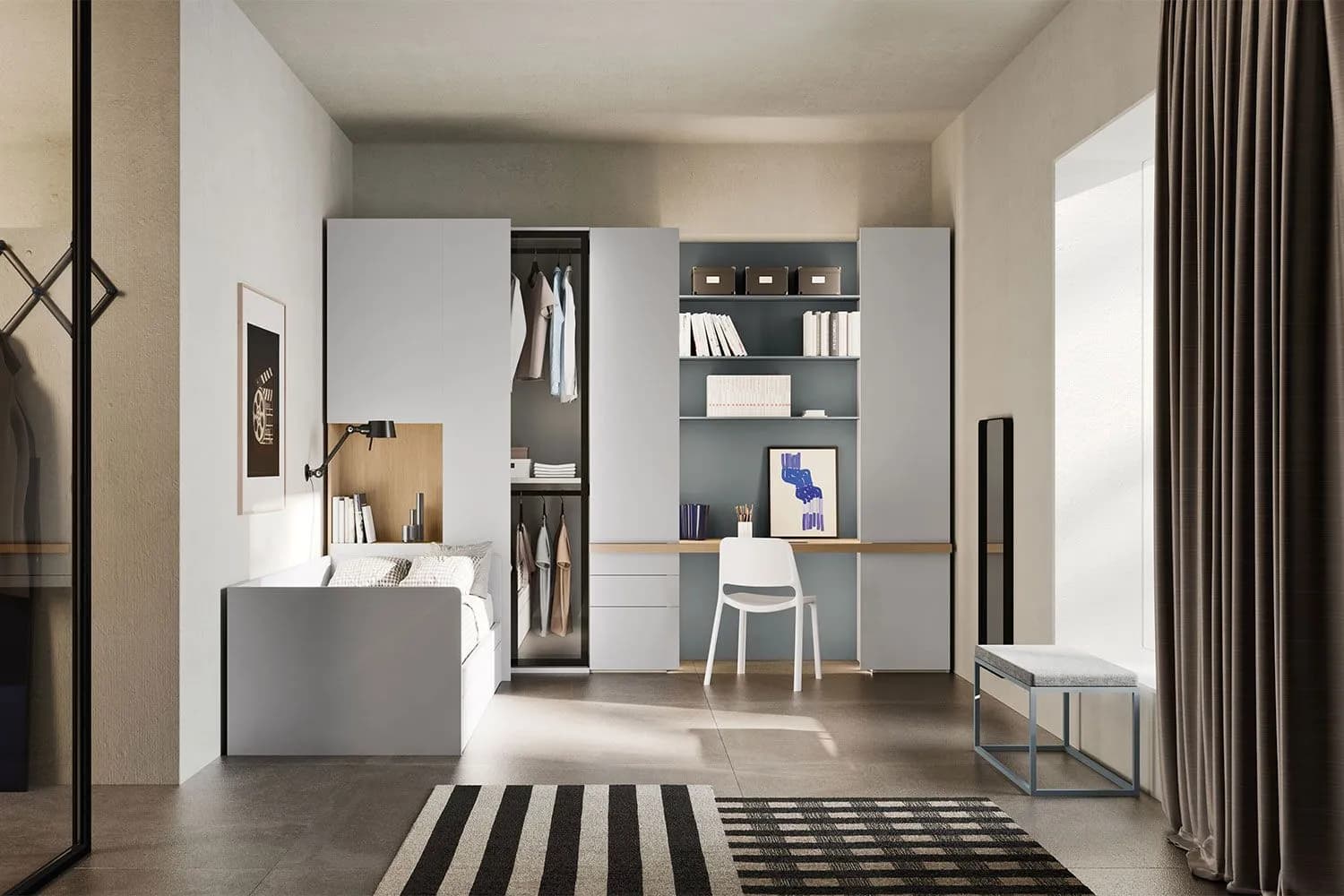 Cameretta Clever S22_T09 in Laminato Materico – Super Offerta -30%! Con Divano Letto e Zona Studio