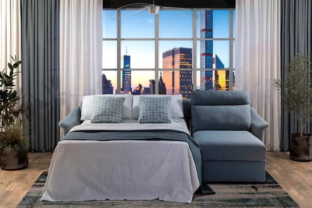 Divano Clarence con letto memory foam e penisola contenitore qualità Made in Italy