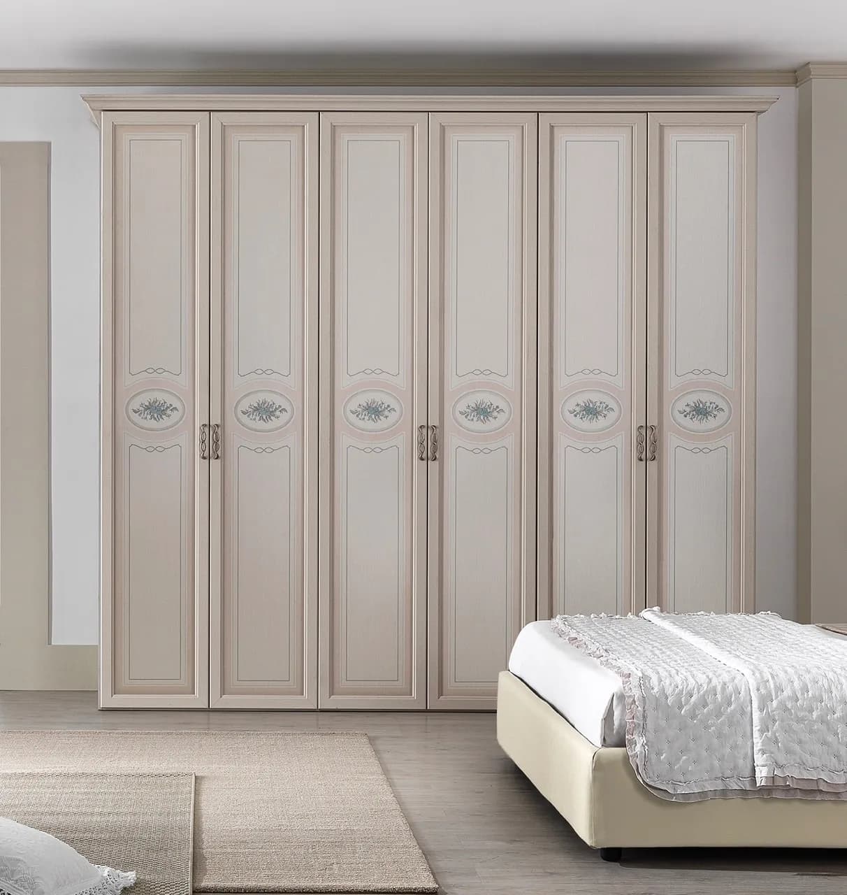 Armadio classico Delia 6 ante battenti - Laminato Avorio & Cipria con decori floreali