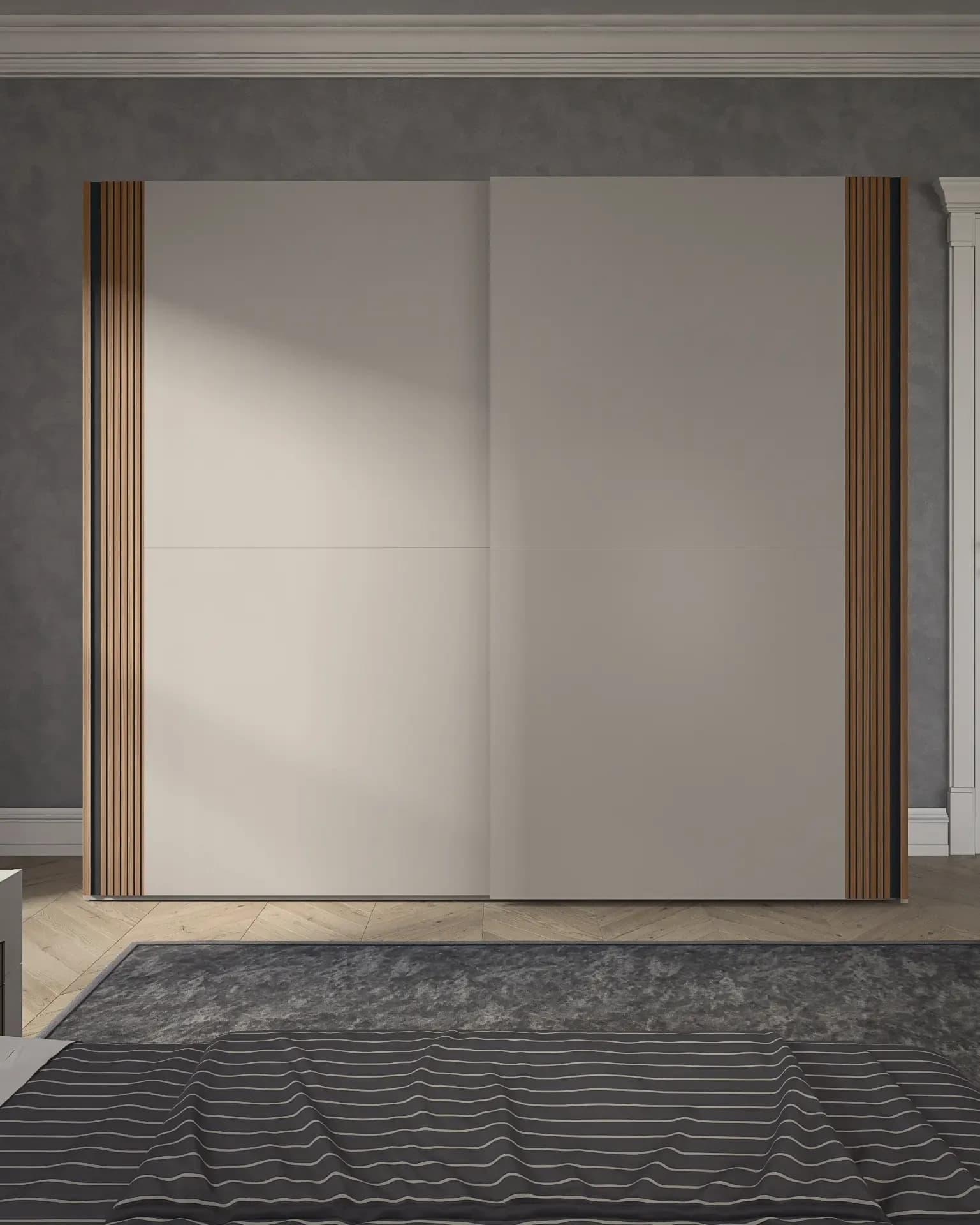 Armadio Design Riga Maxi 2 ante scorrevoli - Finitura Tortora opaco e fascia cannettata in Quercia